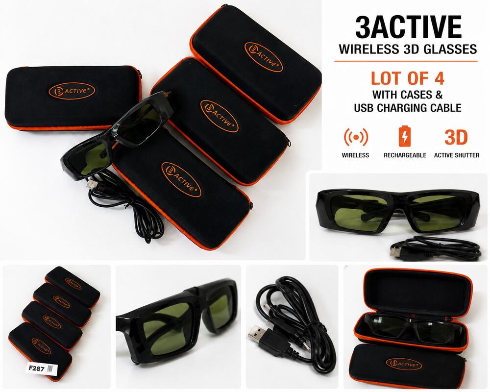 3Active Wireless 3D Glasses Lot of 4 w Cases USB Charging Cable Tested